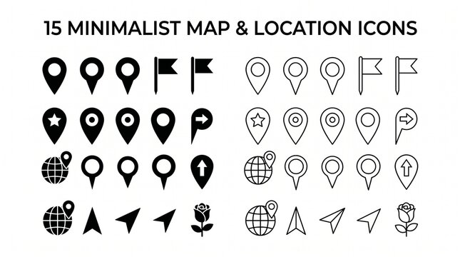 Fifteen minimalist map and location vector icons set