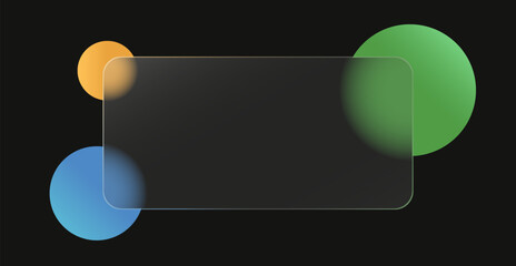 Obraz premium Glassmorphism rectangle glass box, light frame mockup template design with round colorful shapes on a dark black background. Vector illustration