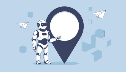 Robot stands next to a large location pin, with paper airplanes flying around and abstract cubes in the background © MuhammadHaris