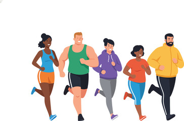 Fototapeta premium Diverse Group of People Running Together Flat Vector Illustration for Fitness and Health