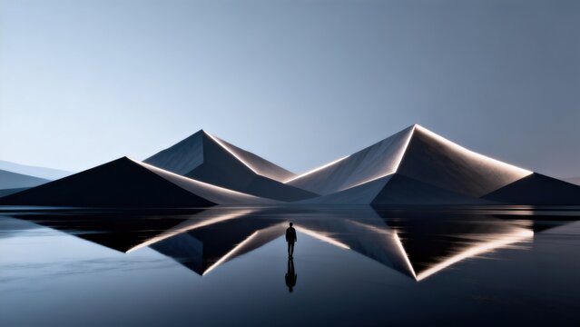 Person standing by reflective water near geometric mountains