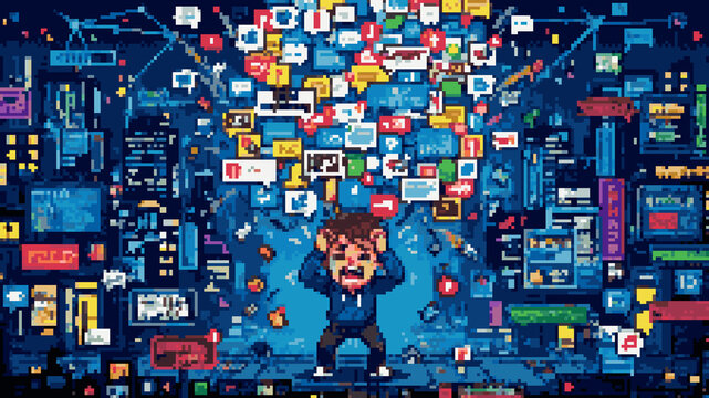 Pixel art of a stressed person overwhelmed by a massive cloud of social media notifications and digital messages