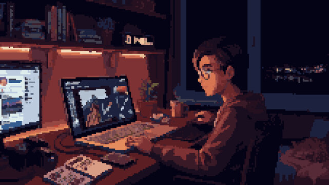 Pixel art of a young man working on a laptop at night in a cozy room with warm lighting