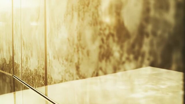 Golden marble walls and a reflective floor create a rich texture, highlighting the abstract luxury and elegance of modern interior architectural design with warm light and shadows