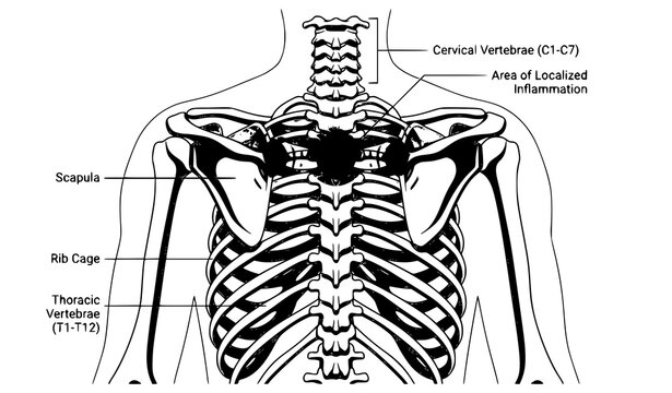Human upper torso skeleton posterior view back pain inflammation medical vector illustration