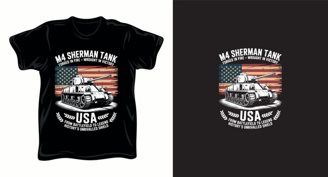 Vintage style M4 Sherman tank graphic design for apparel featuring American flag background.
