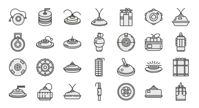 Explosive Devices Icons Set, Military Mines and Grenades Collection