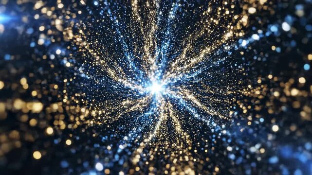 Abstract exploding starburst of shimmering gold and blue particles, glowing light streaks in deep space, motion background