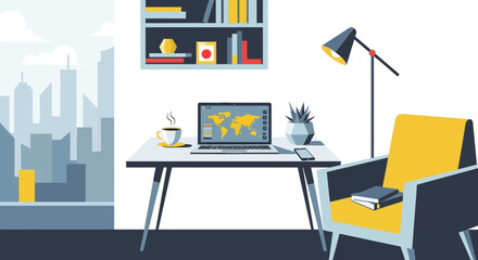 Fototapeta premium Modern Home Office with Laptop, Bookshelf, and City View