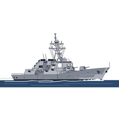 Obraz premium Modern Warship Sailing on Blue Water, Military Naval Vessel Illustration