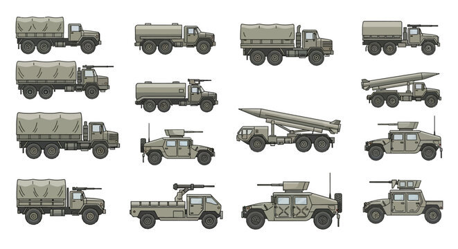 Military Vehicle Collection: Trucks, Missiles, Humvees - Pixel Art Style