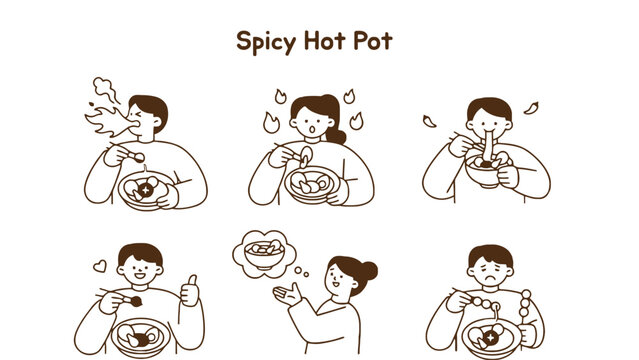 People eating spicy hot pot malatang reactions vector illustration