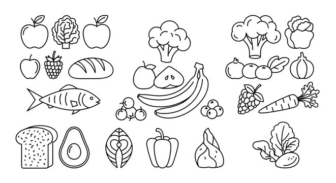 Healthy Food Icons: Fruits, Vegetables, Fish, Bread - Line Art