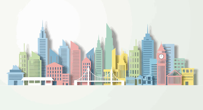 Modern City Skyline Paper Cutout Art, Colorful Buildings, Bridge and Clock Tower