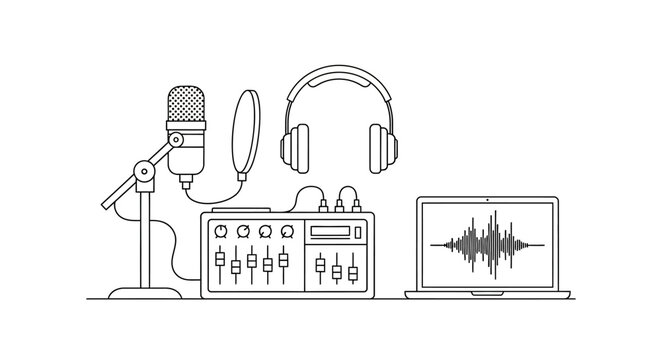 Podcast Studio Setup: Microphone, Mixer, Headphones, Laptop, Sound Waves