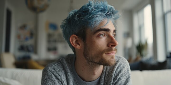 Young man with blue hair contemplating indoors