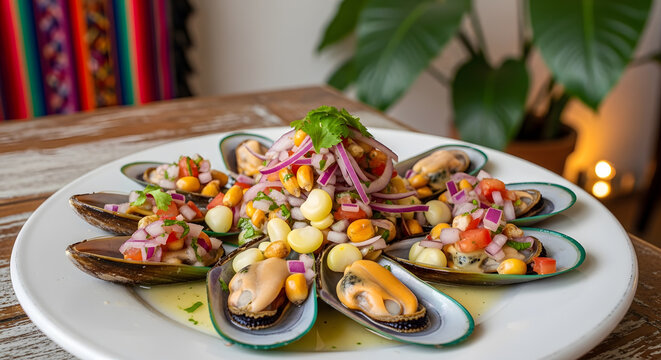 Peruvian steamed mussels with vegetable cuts on top, known as choritos a la chalaca served on white platter against a Peruvian restaurant background