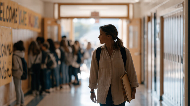 Elementary school hallway with visibly separated student clusters near lockers, one side adorned with multilingual welcome banners and another bare and institutional, a counselor