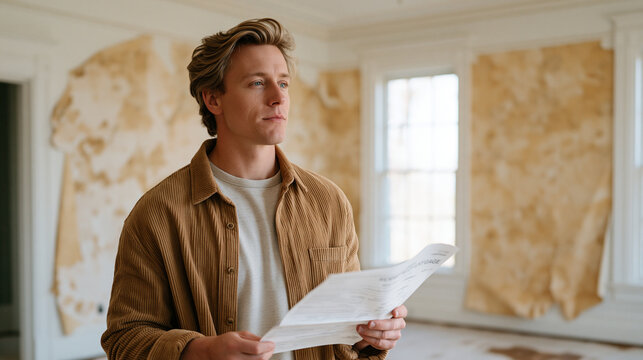 First-time buyer realizing purchase regret standing alone in empty house room, mortgage statement in hand, peeling wallpaper and stained subfloor visible in background, symbolic