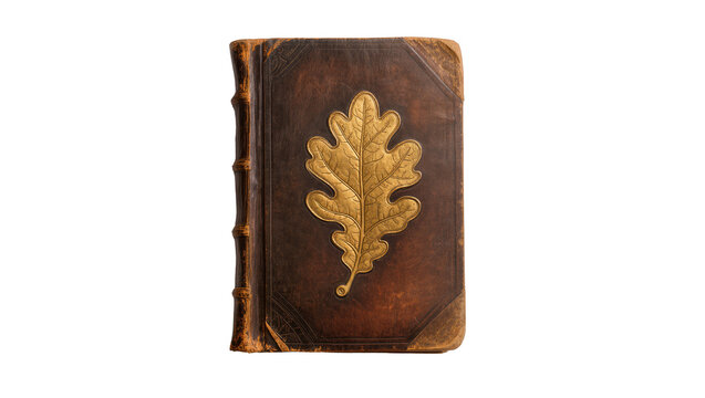 Isolated antique leather bound book with a prominent golden oak leaf emblem on cover