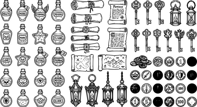 Black line medieval fantasy objects vector set, potion bottles, scrolls, keys, lanterns and coins in RPG game asset outline style isolated on white background