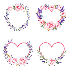 Delicate watercolor rose wreaths combined with graceful heart frames and botanical floral beauty. © Watercol