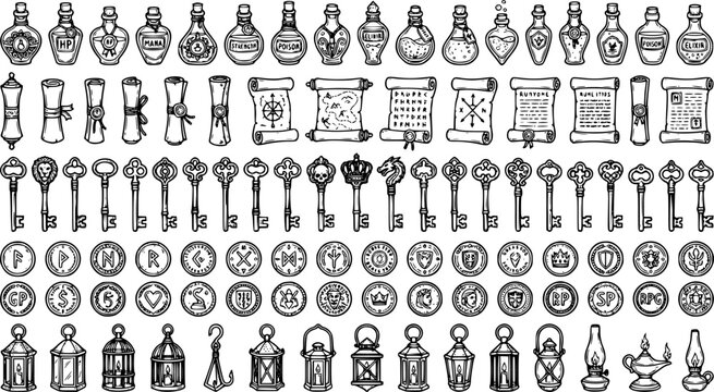 Black line medieval fantasy objects vector set, potion bottles, scrolls, keys, lanterns and coins in RPG game asset outline style isolated on white background