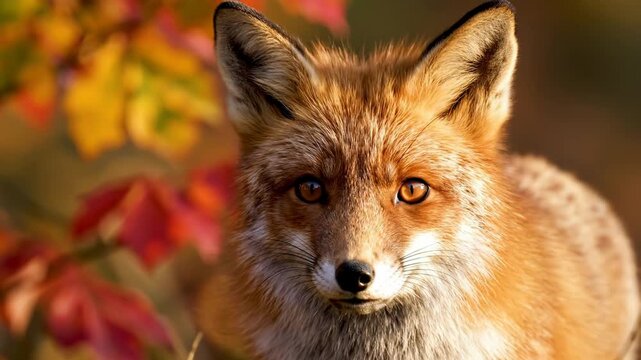 Close-up of a fox with red-orange fur and amber eyes in autumn foliage background