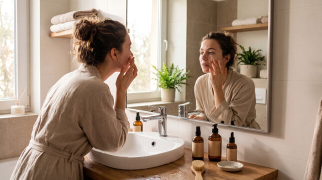 A woman in a robe applies face cream to her cheek while looking into a bathroom mirror. Skincare bottles, a sink, and a potted plant are positioned on a wooden counter in the foreground.