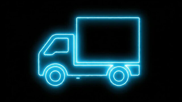 Blue Neon Truck Icon on Black Background for Delivery Services.