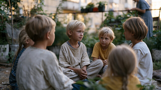 Group of neighborhood children negotiating rules of backyard game autonomously while single mother tends container garden on apartment balcony overhead, wide summer afternoon