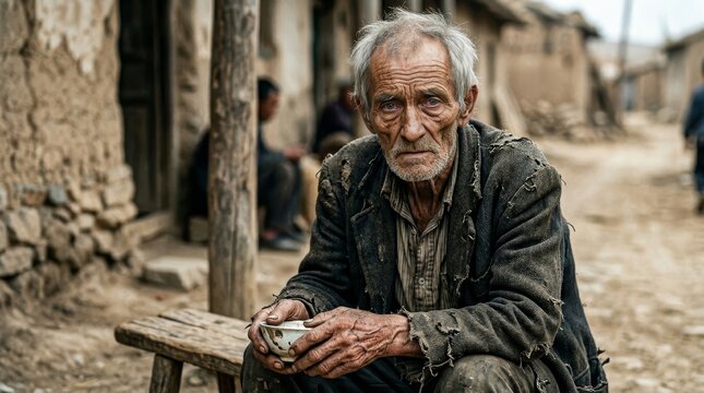 Starving elderly man portrait with detailed wrinkles skin texture emotional human condition concept