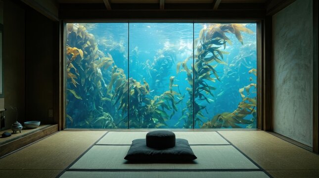 Zen meditation room with a large window overlooking an underwater kelp forest