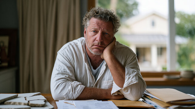 Exhausted landlord in rumpled button-down sits at kitchen table surrounded by overdue maintenance invoices, cracked tile samples, and a tenant complaint folder, suburban rental