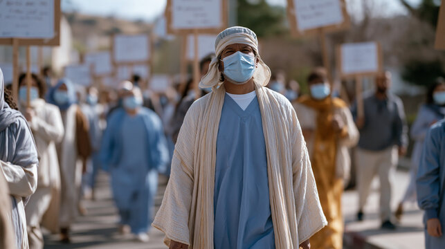 Hospital workers and neighborhood residents marching in a quiet line through a city block in a community protest with dignity, multicultural group carrying laminated signs, the