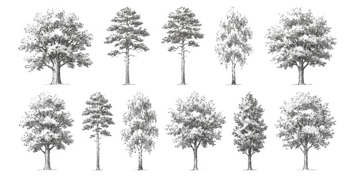 Set of hand drawn sketch trees including pine oak birch and various forest plants for natural design and illustrations