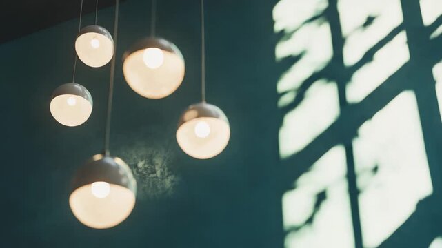 Modern pendant sphere lamps hanging against a dark green wall, casting soft light and intricate shadow patterns creating an atmospheric glow within the space