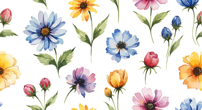 Bright watercolor flower pattern filled with colorful blooms and graceful leafy botanical accents.