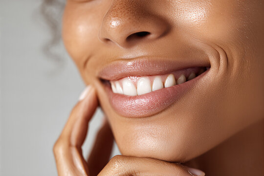 Latin businesswoman smiling with glossy lips and bright white teeth, hand gently touching chin, visible dimple and glowing skin in soft studio light