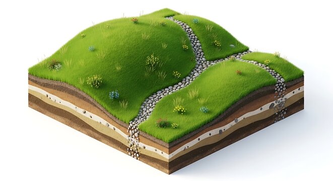 Cross sectional illustration of terrain and geological layers