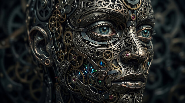 Intricate steampunk cyborg face design featuring metallic gears brass clockwork mechanisms.