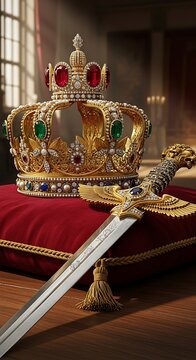 Ornate golden crown and jeweled sword rest on velvet