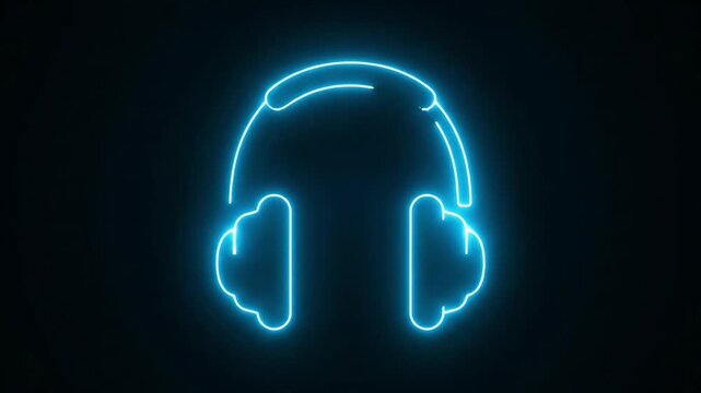 Blue Neon Headphones Icon Glowing on Dark Background.