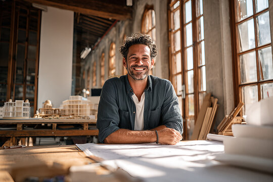 Smiling Latin architect leaning on detailed blueprints in a sunlit loft studio, wearing dark button shirt and white tee with scale models behind