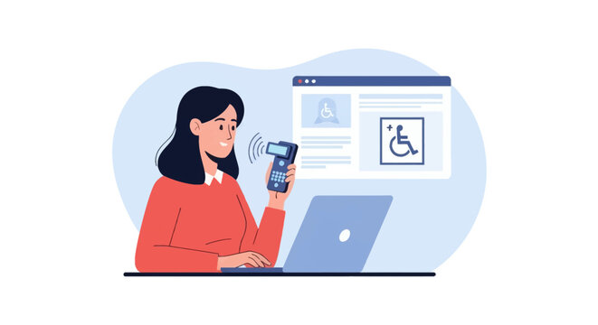 Vector illustration of a woman using a handheld screen reader device to access a website on a laptop, emphasizing digital accessibility and inclusive design for users with disabilities.