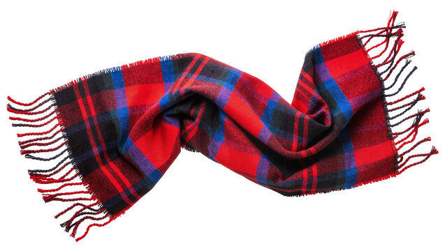 Isolated vibrant red black and blue plaid scarf, a soft wool accessory for winter fashion.