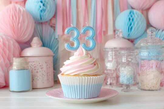 Elegant Cupcake with Birthday Candle and Colorful Decorations for 33rd Celebration
