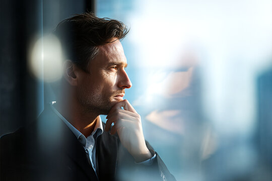 Contemplative businessman in dark blazer and open - collar shirt, three - quarter profile by high - rise window with city reflection and hand on chin