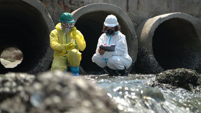 Environmental engineers in hazmat suits collecting contaminated water samples near industrial sewage drainage system
