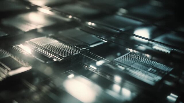 Microchips and electronic components on a circuit board forming a complex system, representing advanced technology, computing, innovation, cybernetics, and digital processes